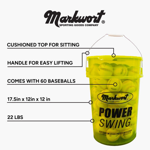 Markwort PowerSwing Baseball Bucket with 60 Practice Baseballs Varo Baseball